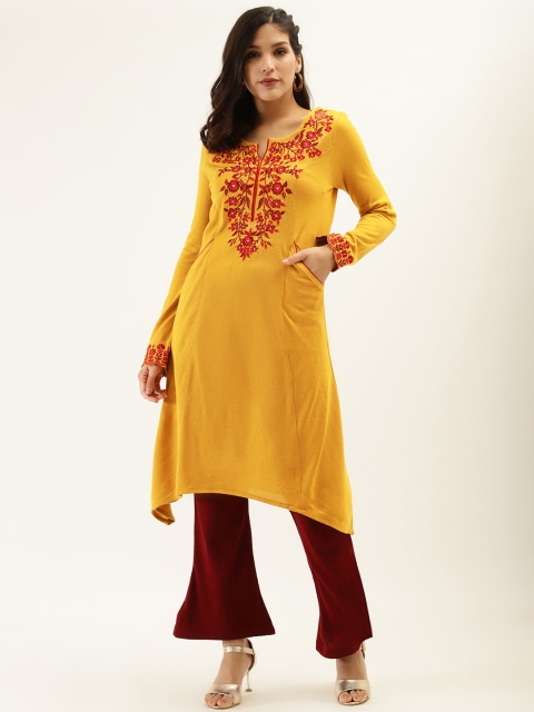 

Laabha Women Mustard & Maroon Yoke Design Winter Kurta with Trousers