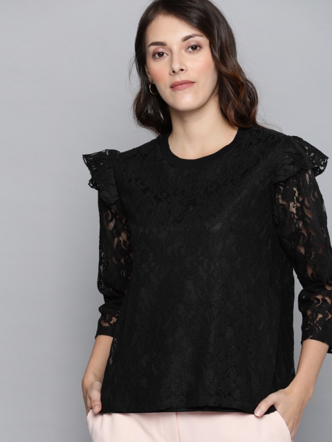 

Chemistry Women Black Self Design Top with Lace Inserts