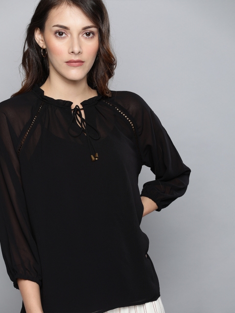 

Chemistry Women Black Solid Tie-Up Neck Top