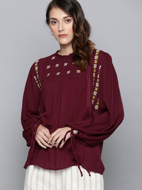 

Chemistry Women Burgundy Embroidered Top