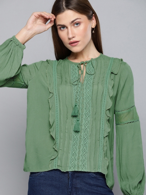 

Chemistry Women Green Solid Tie-Up Neck Top with Lace Inserts