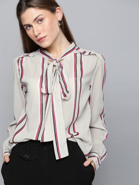 

Chemistry Women Grey & Pink Striped Tie-Up Neck Top