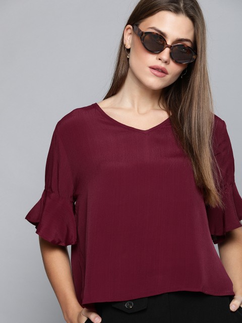 

Chemistry Women Burgundy Solid Tie-Up Neck Boxy Top With Bell Sleeves