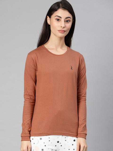 

QUARANTINE Women Brown Solid Round Neck Lounge T-shirt