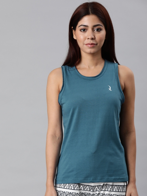

QUARANTINE Women Teal Blue Solid Round Neck Lounge T-shirt