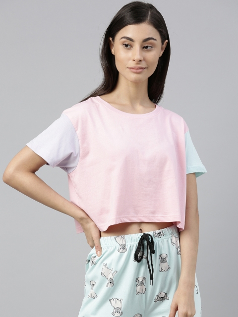 

QUARANTINE Women Pink Solid Round Neck Crop Lounge T-shirt
