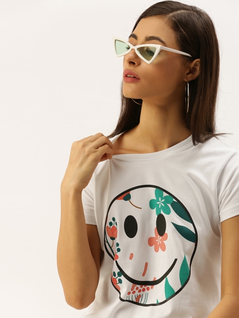 

DILLINGER Women White Printed Round Neck Regular Fit Pure Cotton T-shirt