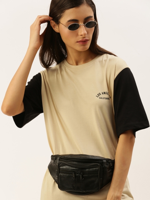 

DILLINGER Women Beige Printed Round Neck Oversized Pure Cotton T-shirt