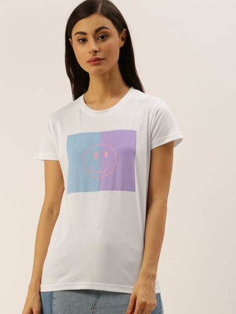 

DILLINGER Women White Printed Round Neck Regular Fit Pure Cotton T-shirt