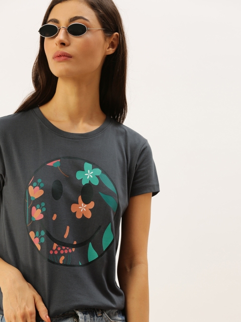 

DILLINGER Women Charcoal Grey Printed Round Neck Regular Fit Pure Cotton T-shirt