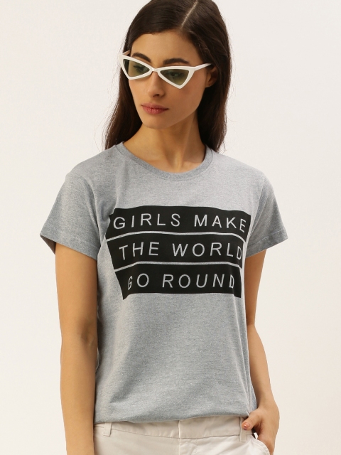 

DILLINGER Women Grey Melange Printed Round Neck Regular Fit Pure Cotton T-shirt