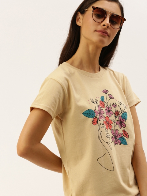 

DILLINGER Women Beige Printed Round Neck Regular Fit Pure Cotton T-shirt