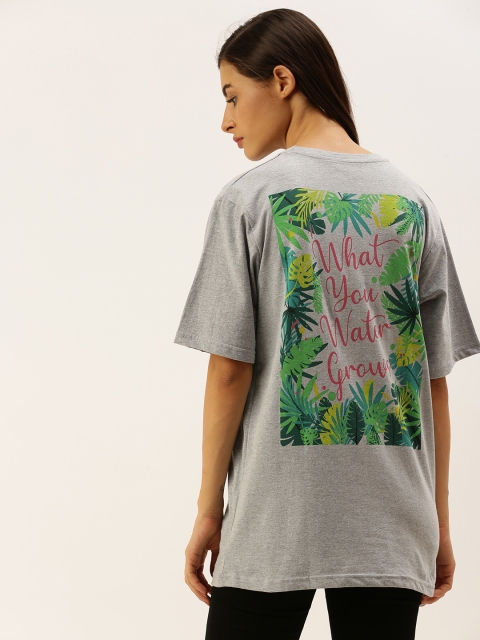 

DILLINGER Women Grey Melange Printed Round Neck Oversized T-shirt