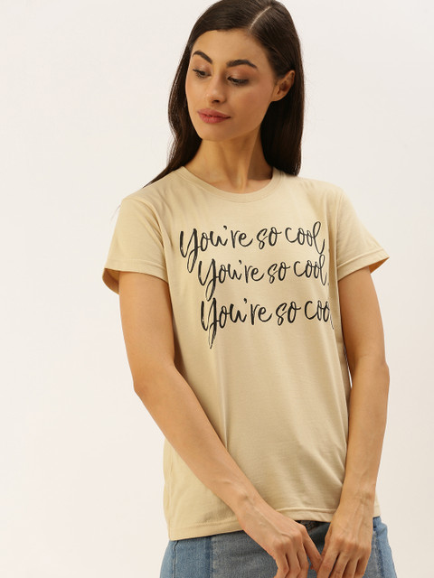 

DILLINGER Women Beige Printed Round Neck Regular Fit Pure Cotton T-shirt
