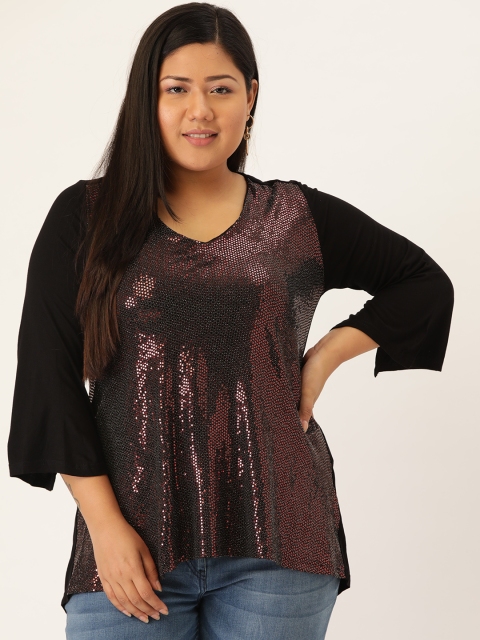 

Revolution Women Plus Size Black & Red Embellished Sheen High-Low Top