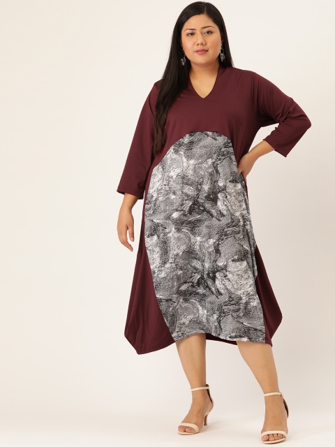 

Revolution Women Plus Size Burgundy & Grey Printed Dipped Hem A-Line Dress