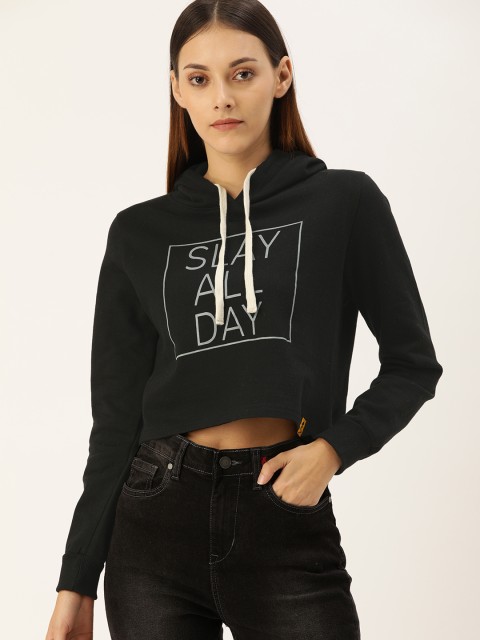 

Campus Sutra Women Black Printed Crop Hooded Sweatshirt