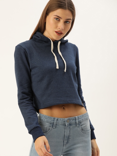 

Campus Sutra Women Blue Solid Crop Hooded Sweatshirt