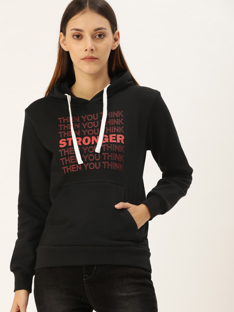 

Campus Sutra Women Black Printed Hooded Sweatshirt