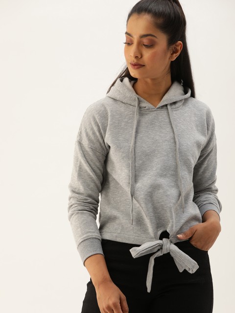 

Campus Sutra Women Grey Self Design Hooded Sweatshirt