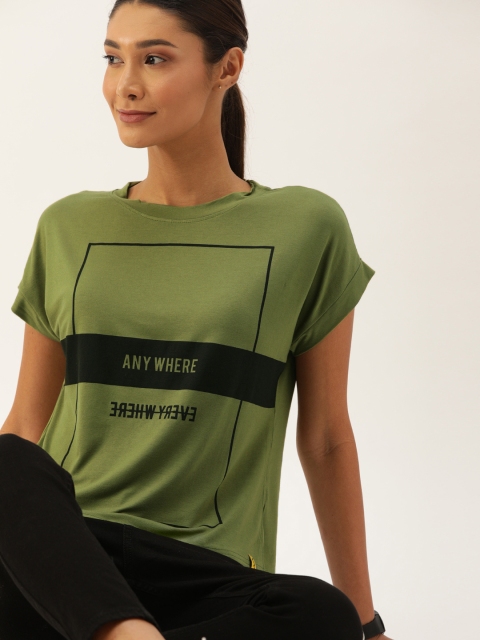 

Campus Sutra Women Olive Green & Black Printed Round Neck T-shirt