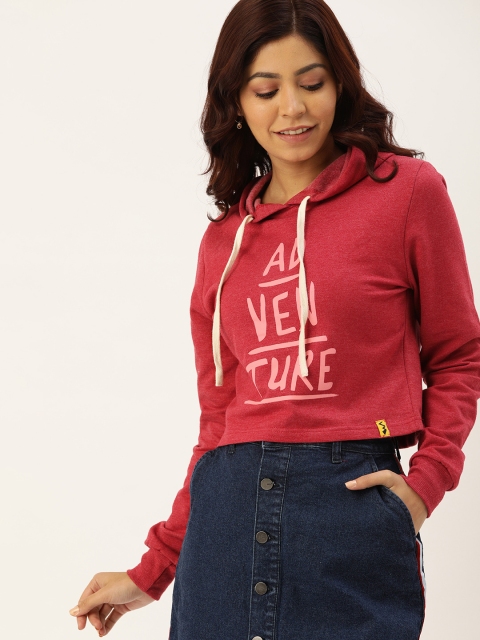 

Campus Sutra Women Red & Pink Printed Pure Cotton Crop Hooded Sweatshirt