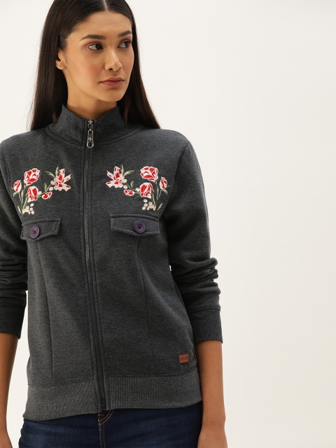 

Campus Sutra Women Charcoal Grey Embroidered Sweatshirt