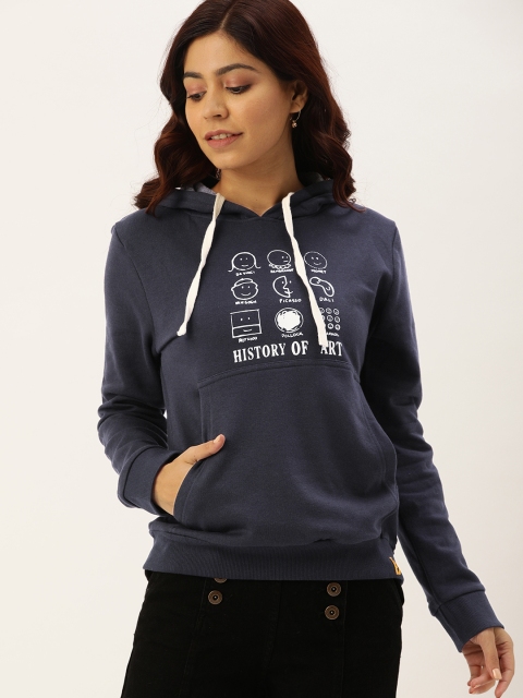 

Campus Sutra Women Navy Blue & White Printed Pure Cotton Hooded Sweatshirt