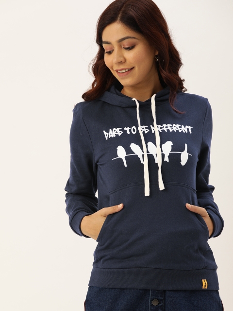 

Campus Sutra Women Navy Blue & White Printed Pure Cotton Hooded Sweatshirt