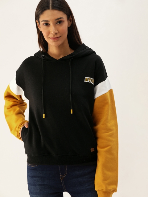 

Campus Sutra Women Black Solid Hooded Sweatshirt with Applique