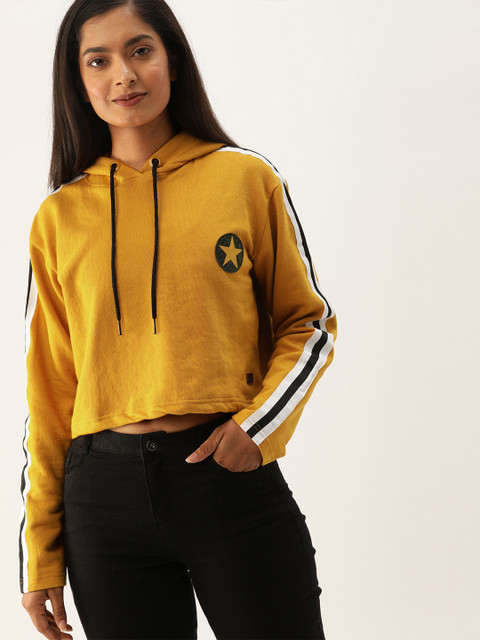 

Campus Sutra Women Mustard Yellow Solid Hooded Sweatshirt