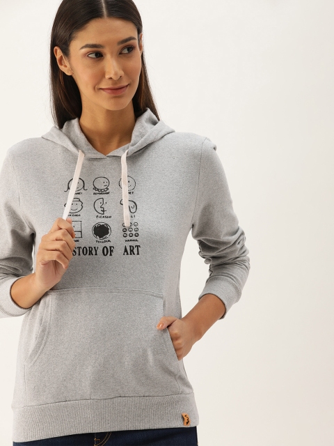 

Campus Sutra Women Grey Printed Hooded Sweatshirt