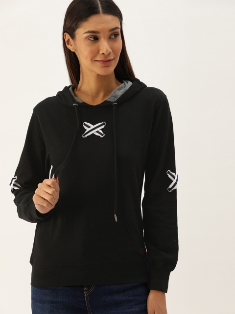 

Campus Sutra Women Black Solid Hooded Sweatshirt