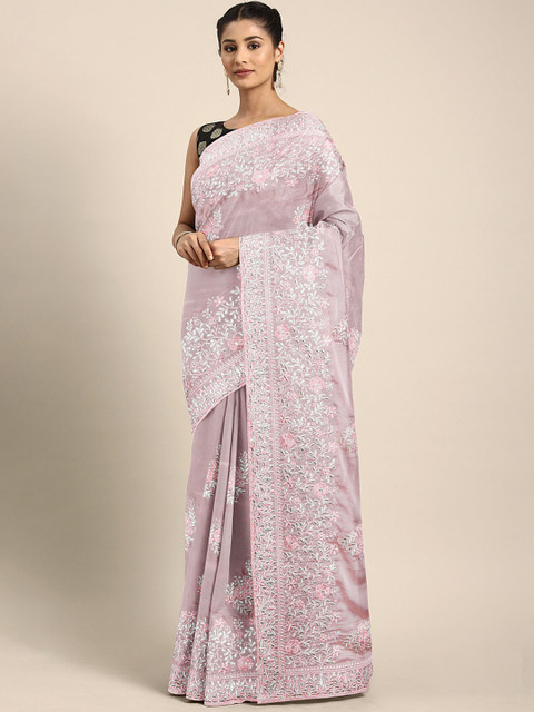 

Neerus Pink & White Pure Crepe Embroidered Saree