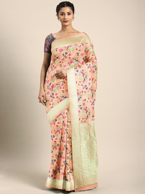 

Neerus Peach-Coloured Pure Silk Woven Design Banarasi Saree
