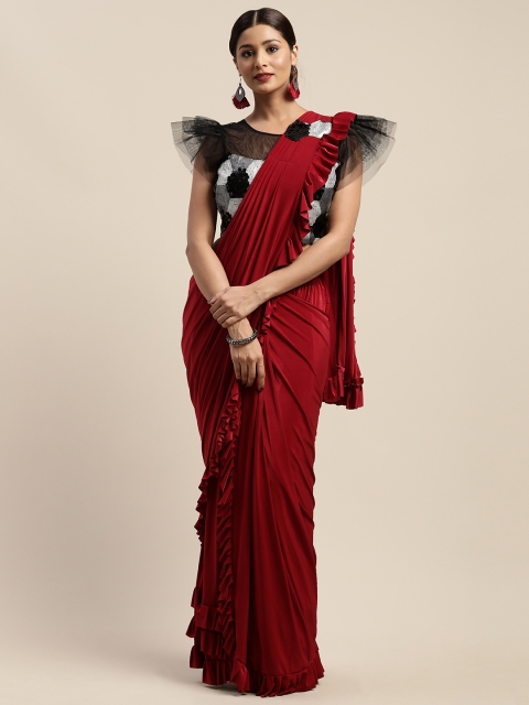 

Neerus Maroon Solid Ready To Wear Viscose Rayon Saree