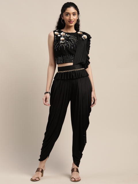 

Neerus Black Solid Embellished Viscose Rayon Dhoti Saree