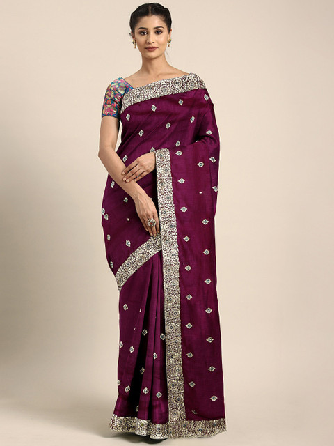 

Neerus Magenta & Beige Pure Silk Embroidered Saree
