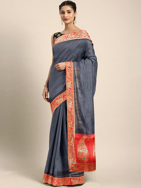 

Neerus Grey Solid Jute Silk Saree with Beads and Stones