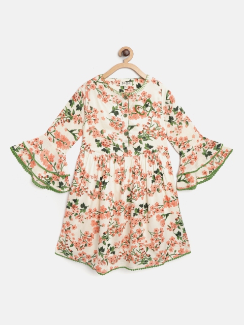 

Bella Moda Girls Cream-Coloured & Coral Pink Floral Print A-Line Dress