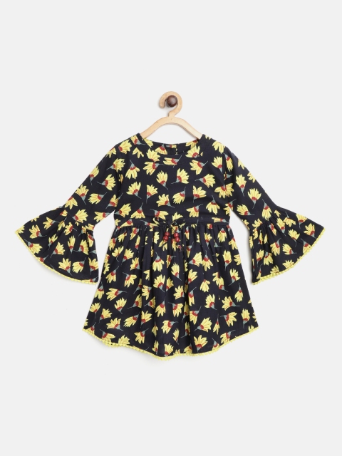 

Bella Moda Girls Navy Blue & Yellow Floral Printed A-Line Dress
