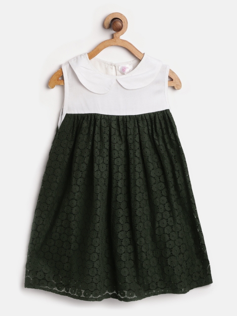 

Bella Moda Girls Olive Green and White Pure Cotton Self Design A-Line Dress