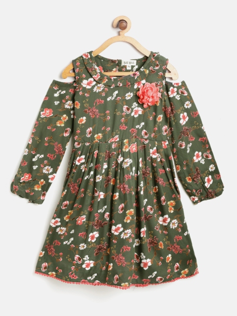 

Bella Moda Girls Olive Green & Pink Floral Print Cold-Shoulder Fit & Flare Dress