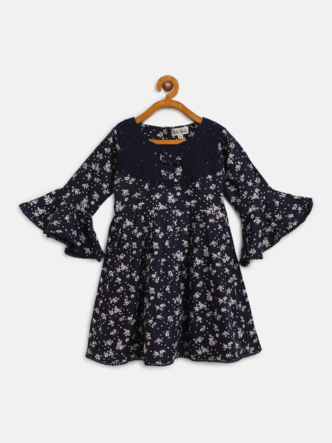 

Bella Moda Girls Navy Blue & Off-White Floral Printed A-Line Dress