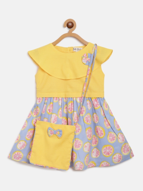 

Bella Moda Girls Yellow & Blue Printed Fit & Flare Dress with Sling Bag