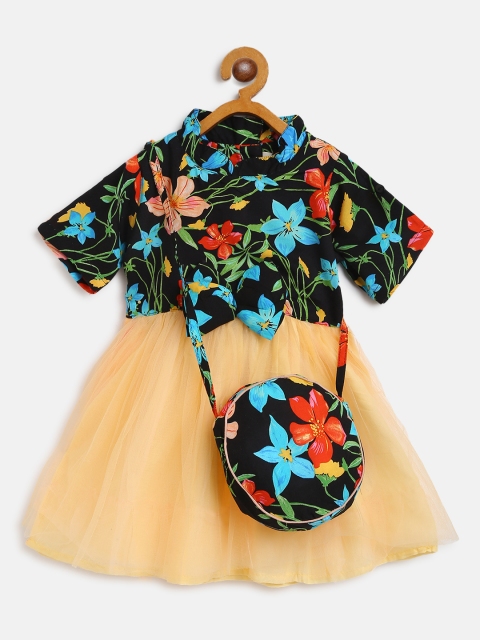 

Bella Moda Girls Yellow & Black Colourblocked & Floral Print Fit & Flare Dress