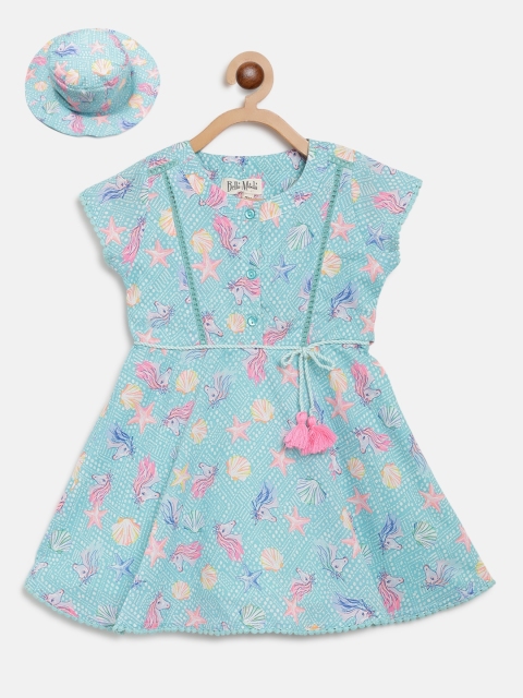 

Bella Moda Girls Blue & Pink Unicorn Printed Fit & Flare Dress with Hat