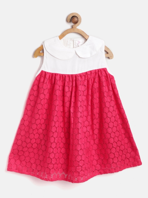 

Bella Moda Girls Fuchsia & White Floral Self Design Lace A-Line Dress