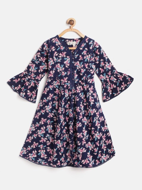 

Bella Moda Girls Navy Blue & Pink Floral Print Fit & Flare Dress