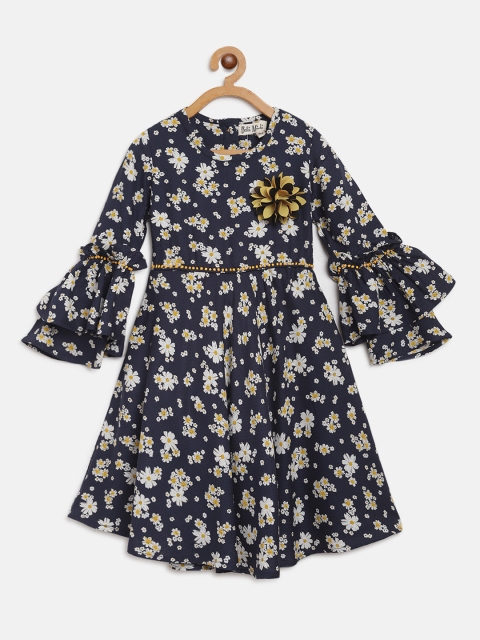 

Bella Moda Girls Navy Blue & Off-White Floral Print A-Line Dress